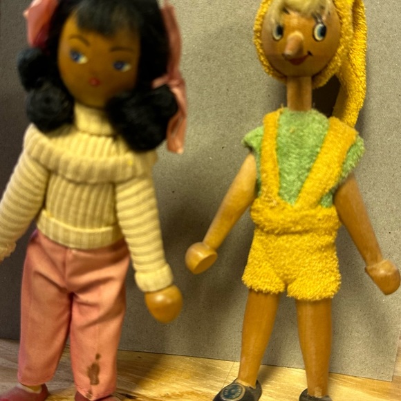 Vintage 1950’s Poland Wooden Jointed Elf Pinocchio & Girl Wooden Toy Doll Set - Picture 3 of 8